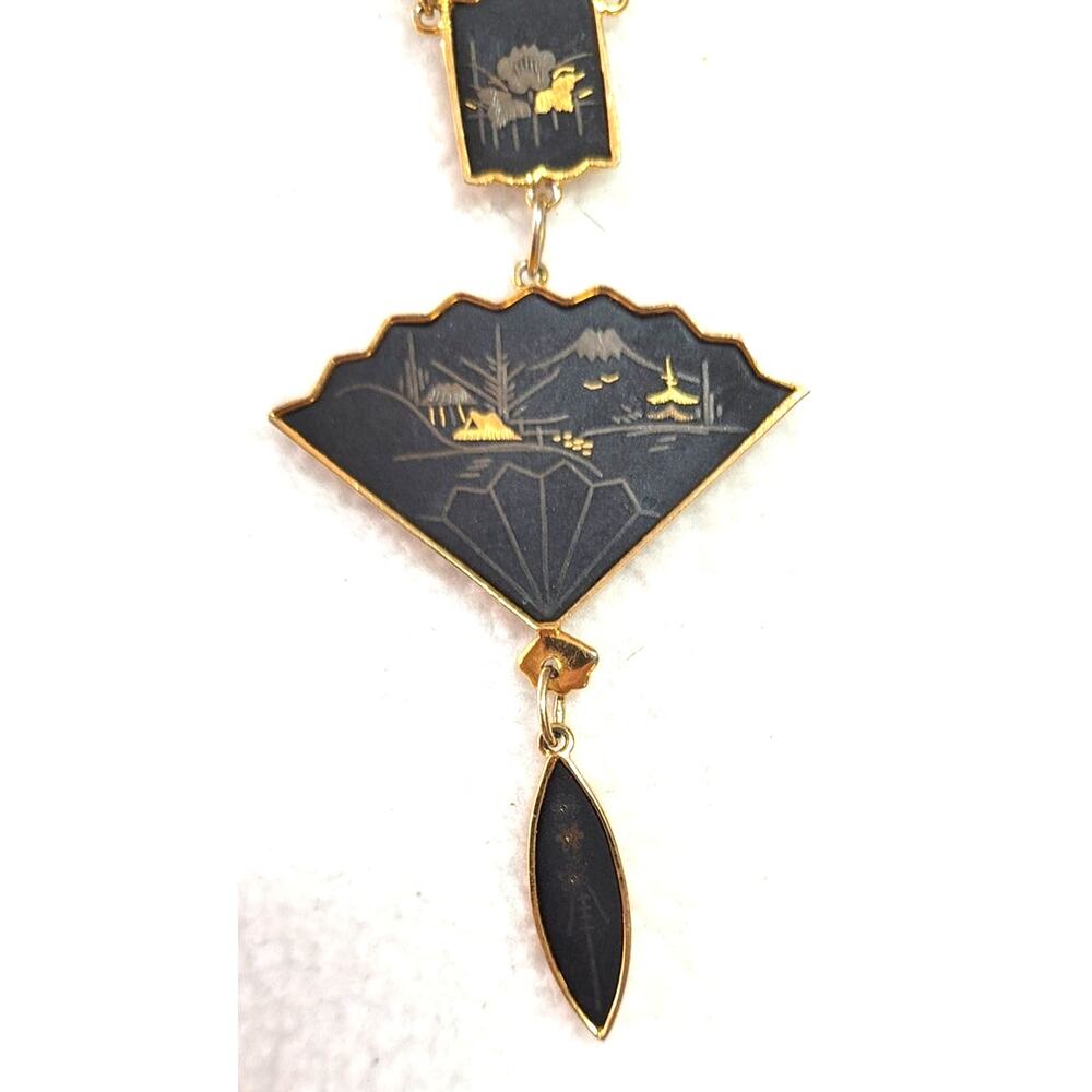Vintage Damascene Folding Fan Necklace Gold Tone Black Amita Style Shakudo - Picture 4 of 9